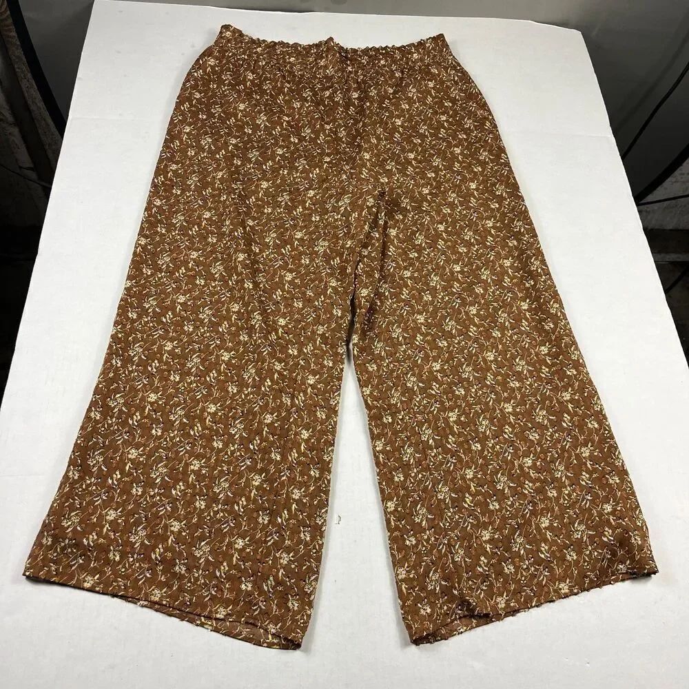 Ann Taylor Wide Leg Pants Brown Floral Boho Flowy Lined Pull On Relaxed Fit L